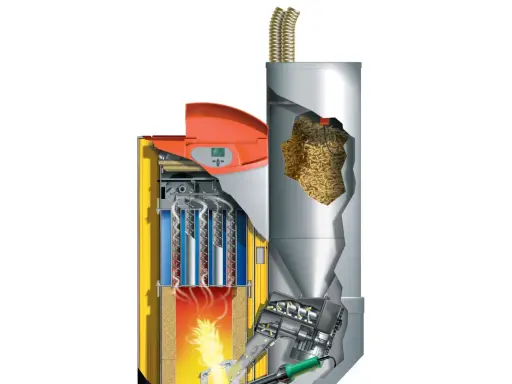 Corte transversal de una **instalación de caldera de biomasa** mostrando el depósito de pellets, el sistema de alimentación y la cámara de combustión con llamas.