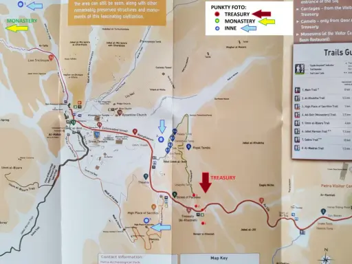 Mapa Petry Jordanii z zaznaczonym Skarbcem (Treasury) i Klasztorem (Monastery).
