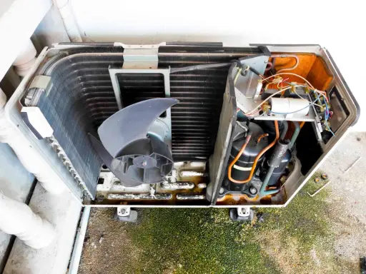 Vista detallada de las partes de un aire acondicionado domestico: ventilador, compresores y serpentín.