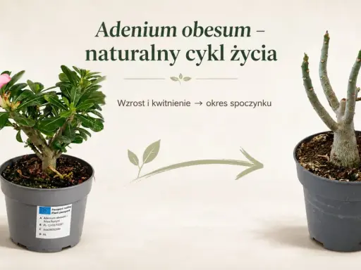 Kwiat pustyni, roślina Adenium obesum, pokazuje swój naturalny cykl życia: od kwitnienia do okresu spoczynku.