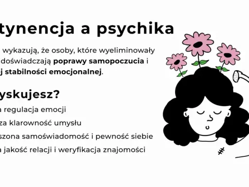 Abstynencja co to? Grafika ilustruje, jak rezygnacja z alkoholu poprawia samopoczucie, stabilność emocjonalną i samoświadomość, niczym podlewanie kwiatów w głowie.