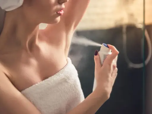 Kobieta aplikuje antyperspirant pod pachę, pokazując różnicę między dezodorantem a antyperspirantem.