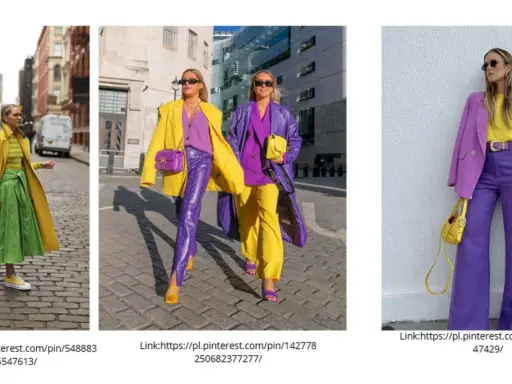 Kobiety w stylizacjach z dominującym żółtym i fioletowym. Jaki kolor pasuje do żółtego? Fioletowy, zielony i żółty tworzą odważne połączenia.