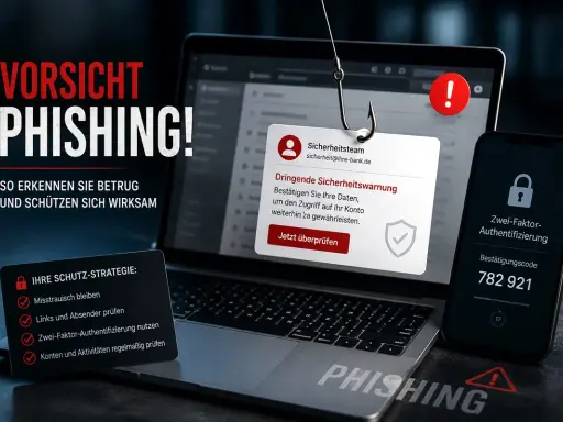 Vorsicht Phishing! Wenn Sie auf einen Betrug reingefallen sind, was tun? Die Grafik zeigt eine Angelrute mit einem Haken, der auf einen Laptop mit einer gefälschten Sicherheitswarnung zielt. Daneben ein Smartphone mit Zwei-Faktor-Authentifizierung.