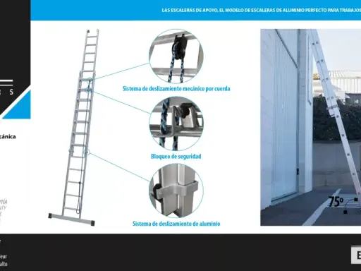 Escalera de aluminio KTL con sistema de deslizamiento mecánico y bloqueo de seguridad, ideal para trabajos en altura. La altura escalon es perfecta para alcanzar cualquier punto.