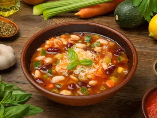 Un fumante minestrone di verdure, ricco di fagioli, zucchine e carote, guarnito con basilico fresco e parmigiano.