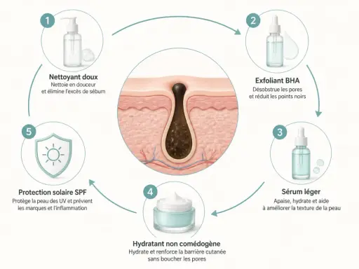 Schéma d'une routine de soins pour la peau, montrant comment désincruster les pores obstrués par des comédons ouverts et du sébum.