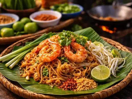 En läcker Pad Thai med räkor, böngroddar, lime och en smakrik pad thai sås. Serveras på bananblad i en korg.