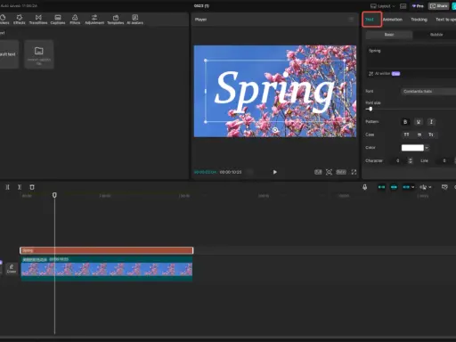 Edytor wideo z opcjami tekstu: dodawanie, formatowanie i stylizacja napisu "Spring" na tle kwitnącej wiśni.