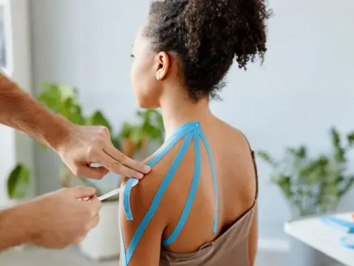 Therapeut legt blaues Kinesio-Tape an Schulter an. Vielleicht ein neues, modernes "Omas Hausmittel gegen Schulterschmerzen"?