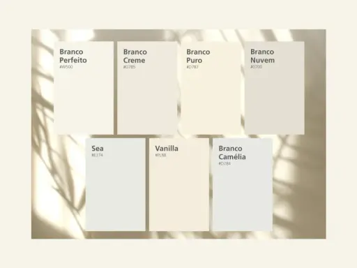 Paleta de colores que muestra cuántos tonos de blanco hay: Branco Perfeito, Creme, Puro, Nuvem, Sea, Vanilla y Camélia.