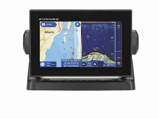 Un traceur GPS Furuno affiche une carte nautique de Miami et un sonar. Il indique la profondeur, la position et les poissons.
