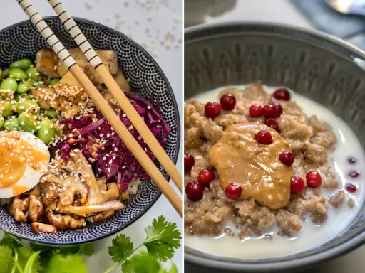 Två skålar med mat rik på fibrer: en poke bowl med tofu, edamame och ägg, samt gröt med lingon och jordnötssmör.