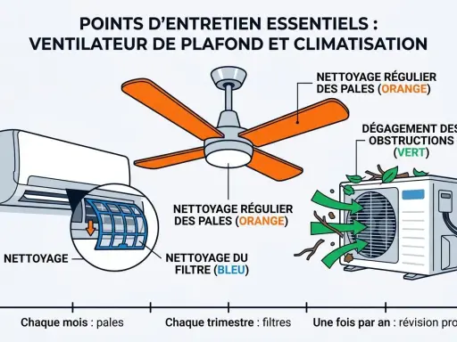 Entretien d'un ventilateur de plafond et d'un climatiseur : nettoyage des pales et des filtres. Le mode fan du climatiseur est essentiel.