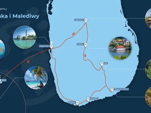 Mapa Sri Lanki i Malediwów z zaznaczonymi trasami podróży i zdjęciami atrakcji.