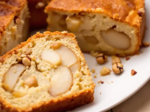 Tranche de gâteau poires amandes moelleux, parsemé de noisettes entières et de morceaux d'amandes.