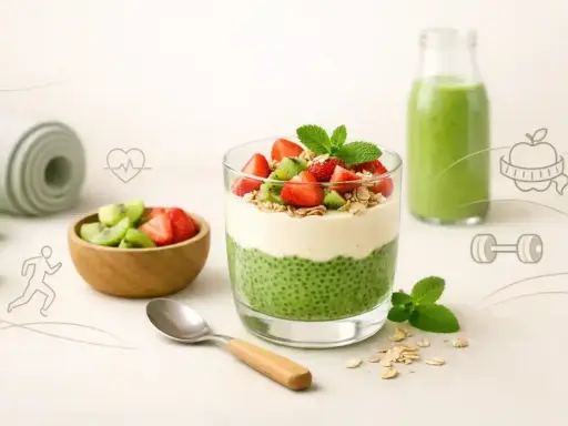 Zdrowe fit desery: pudding chia z owocami, smoothie i akcesoria sportowe. Idealne na regenerację po treningu.