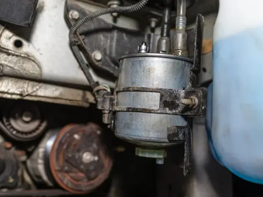 Detailaufnahme eines Kraftstofffilters, der Teil des Kraftstoffpumpensystems eines Autos ist.