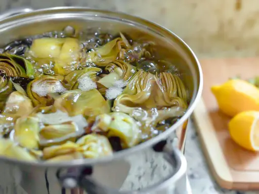 Alcachofas cortadas hirviendo en una olla. Aprende como cocer alcachofas para un plato delicioso.