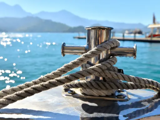 Gros plan sur une ligne de mouillage corps mort, une corde épaisse enroulée autour d'un taquet en acier inoxydable sur un bateau. L'eau bleue scintillante et les montagnes floues en arrière-plan créent une scène paisible.
