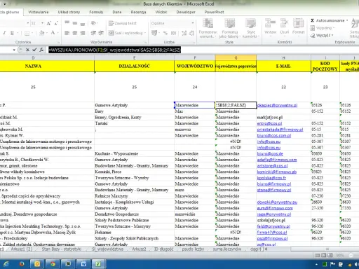 Tabela z danymi klientów, zawierająca analizę wyników: nazwy firm, branże, województwa i adresy e-mail.