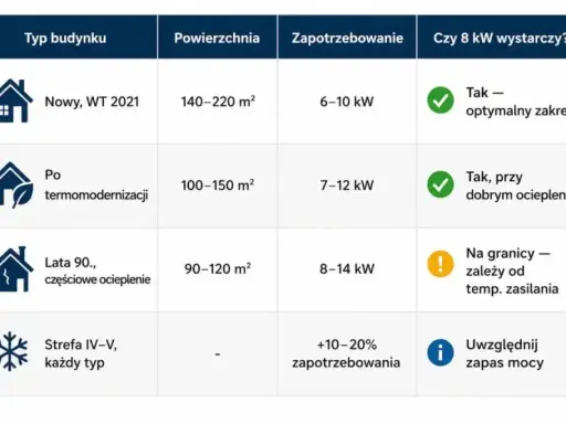 Tabela porównuje zapotrzebowanie na moc dla pomp ciepła w zależności od typu budynku i jego powierzchni. Dofinansowanie na pompę ciepła może zależeć od tych parametrów.