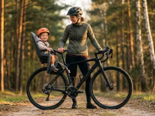 Uśmiechnięte dziecko w kasku siedzi w foteliku rowerowym zamontowanym z tyłu roweru. Mama obok, gotowa na wspólną przejażdżkę po lesie.