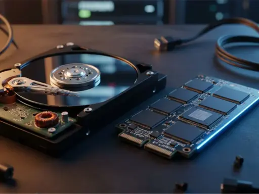 Un disque dur externe SSD et un HDD côte à côte, prêts pour le stockage de données.