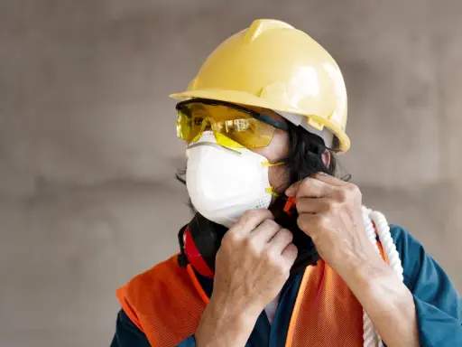 Trabajador ajustando su mascarilla, gafas y epi casco amarillo. Chaleco naranja y protectores auditivos rojos.