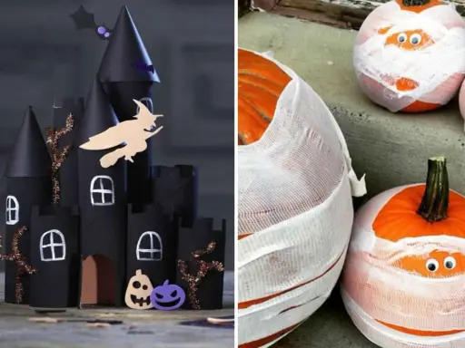 Château noir effrayant et citrouilles momies pour une déco halloween à faire soi-même.