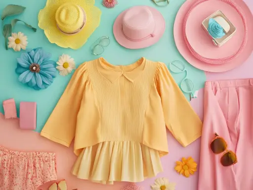 Un'esplosione di **colori caldi**: un outfit estivo con camicetta gialla, pantaloni rosa, cappelli e accessori floreali.