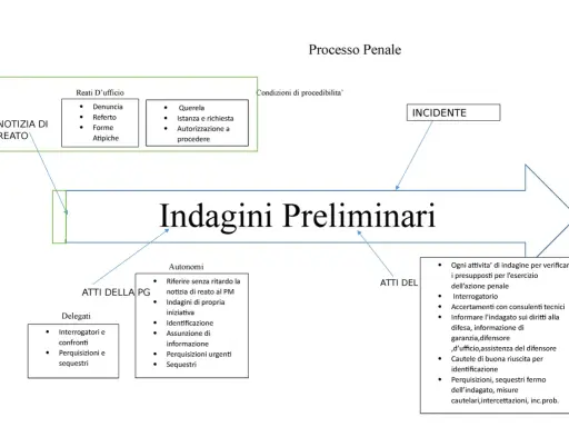 Schema del processo penale: dalla notizia di reato alle indagini preliminari, con dettagli su atti e deleghe. Sommarie informazioni 351.