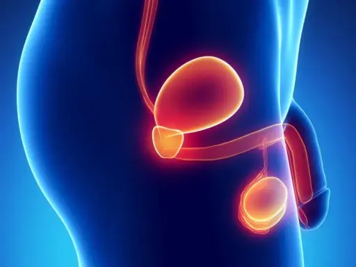 Ilustracja anatomiczna męskiego układu rozrodczego. Widoczna jest prostata, pęcherz moczowy i jądra. Obraz może symbolizować raka prostaty przerzuty.