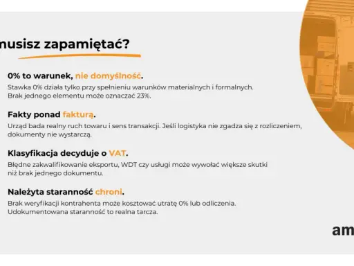 Co musisz zapamiętać? 0% to warunek, nie domyślność. Fakty ponad fakturą. Klasyfikacja decyduje o VAT. Należyta staranność chroni. WDT to ważny element.
