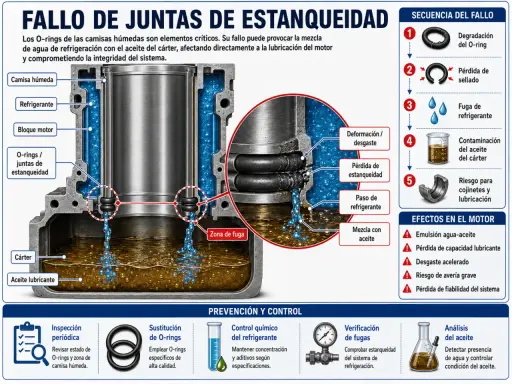 Corte transversal de un bloque motor mostrando la fuga de refrigerante a través de O-rings defectuosos, contaminando el aceite.