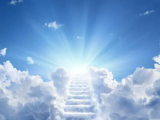 Eine Treppe aus Wolken führt zum strahlenden Licht des Himmels, ein Symbol für jungfrauen im Paradies.