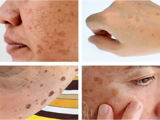 Gros plan sur des taches brunes sur la peau, dont un lentigo solaire sur le visage et le dos de la main.