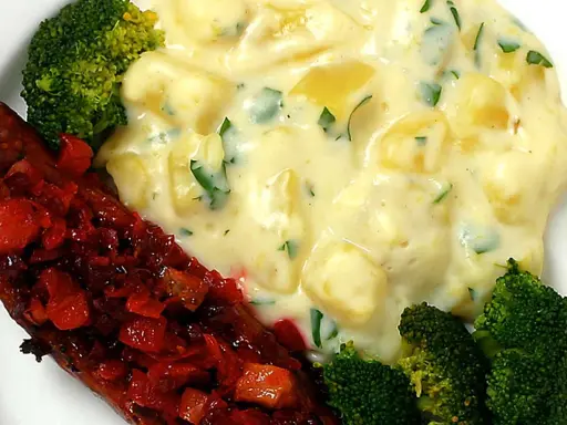 En tallrik med isterband, potatisgratäng och broccoli. Perfekt för ett gott isterband recept.
