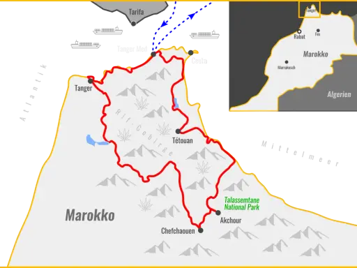 Karte von Marokko mit dem Rif-Gebirge, Tanger, Tétouan, Chefchaouen und dem Talassemtane Nationalpark.
