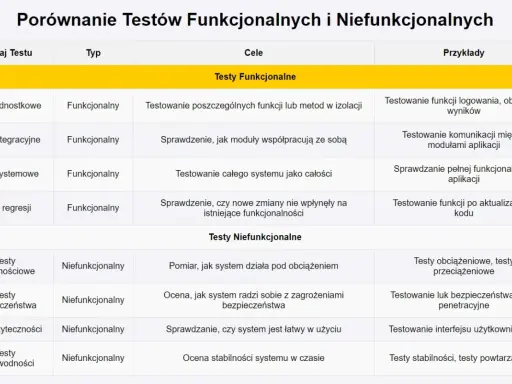 Tabela porównująca testy funkcjonalne i niefunkcjonalne, ich cele i przykłady. Zawiera różne rodzaje testów, np. jednostkowe, integracyjne, systemowe, regresji, wydajnościowe, bezpieczeństwa, użyteczności i niezawodności.