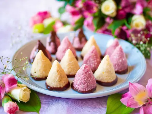Konformade kokosbollar, några doppade i choklad, andra i rosa strössel. Perfekt för att baka utan ugn en solig dag.
