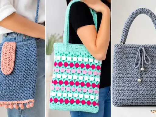 Tres bolsos de ganchillo: uno azul con pompones, otro multicolor y uno gris elegante. Ideas para como hacer bolsos de ganchillo faciles.