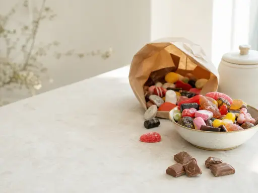 En skål med blandat godis, inklusive geléhallon och chokladbitar, bredvid en papperspåse som svämmar över av fler sötsaker. Perfekt för att temperera choklad till bakning.