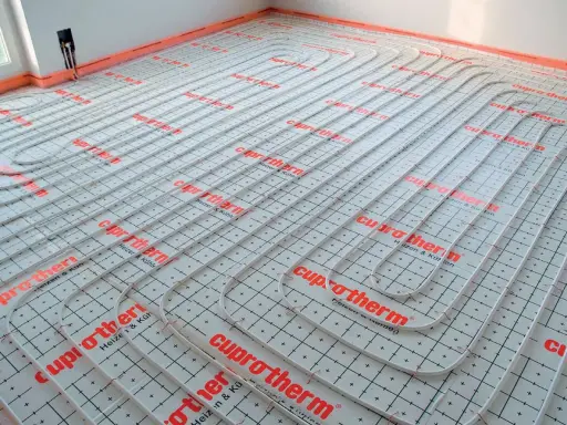 System ogrzewania podłogowego Cuprotherm w trakcie montażu. Wybór między ogrzewaniem podłogowym a grzejnikami to ważna decyzja.