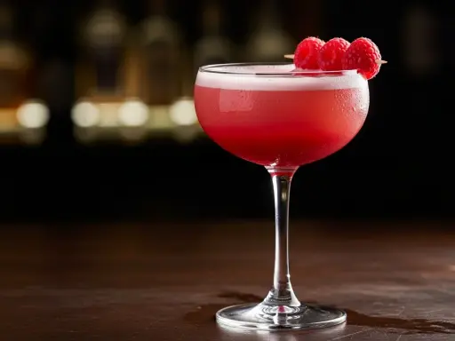 En vackert rosa raspberry sour-cocktail, garnerad med tre färska hallon på en träpinne, står på ett mörkt träbord.