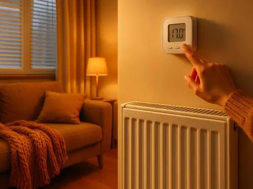 Une main ajuste le thermostat d'un radiateur dans un salon confortable. Un autre radiateur est visible à gauche, près d'un canapé.