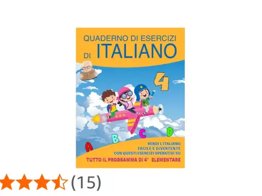Quaderno di grammatica per la classe quarta, con bambini che volano su un aereo-razzo tra le nuvole.