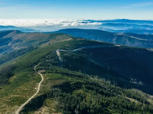 Malowniczy widok ze Skrzycznego na Beskidy. Góry pokryte lasami, a w oddali morze chmur.