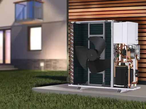 Unidad exterior de bomba de calor para hidrotermia en casa, con ventilador y tuberías de cobre visibles, junto a una casa moderna.