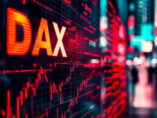 Gráfico de bolsa con el logo DAX en rojo brillante sobre un fondo oscuro. Luces de ciudad borrosas al fondo.